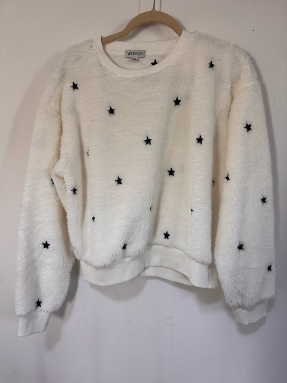 Wildfox Cream Plush Crewneck Sweatshirt with Black Star Accents